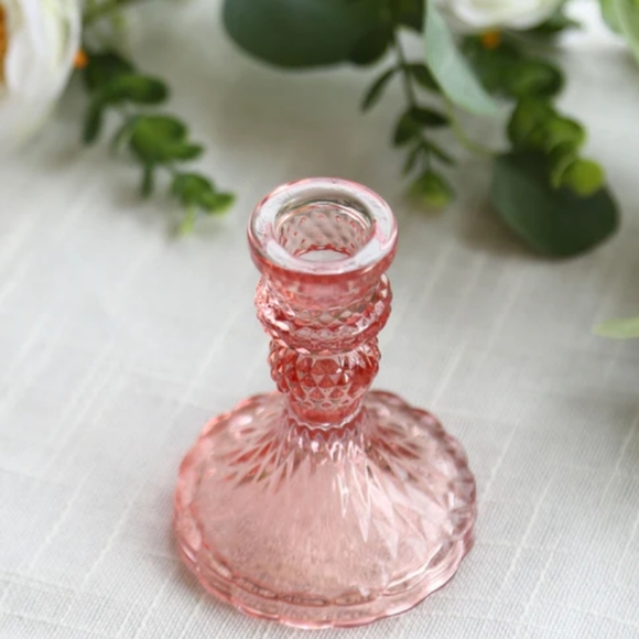 Pair Candy Pink Faceted Glass Candlesticks 2 Crystal Candle Holders Set Vintage - Picture 3 of 10